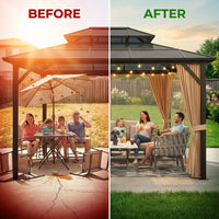 12'X10' Hardtop Gazebo, Aluminum Permanent Pavilion with Polycarbonate Double Roof, Removable Curtains & Mosquito Netting for Patio, Garden, Lawn, Upgrade Your Outdoors (Brown, 12'X10') — Before & After