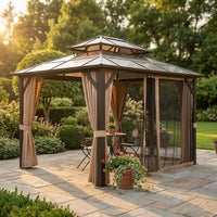 12'X10' Hardtop Gazebo, Aluminum Permanent Pavilion with Polycarbonate Double Roof, Removable Curtains & Mosquito Netting for Patio, Garden, Lawn, Upgrade Your Outdoors (Brown, 12'X10') — Studio Shot