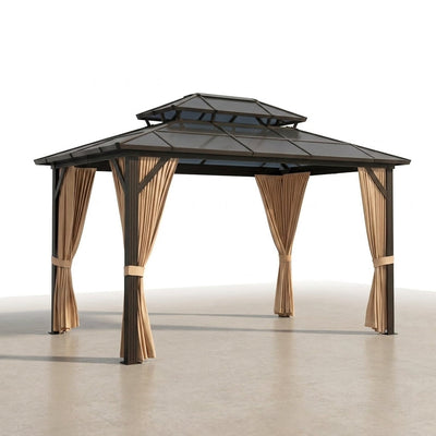 Hardtop Gazebo Built for Year-Round Use, 12'X10' Aluminum Frame, Polycarbonate Double Roof, Mosquito Netting
