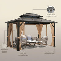 12'X10' Hardtop Gazebo, Aluminum Permanent Pavilion with Polycarbonate Double Roof, Removable Curtains & Mosquito Netting for Patio, Garden, Lawn, Upgrade Your Outdoors (Brown, 12'X10') — infographic