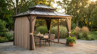 12'X10' Hardtop Gazebo, Aluminum Permanent Pavilion with Polycarbonate Double Roof, Removable Curtains & Mosquito Netting for Patio, Garden, Lawn, Upgrade Your Outdoors (Brown, 12'X10') — Lifestyle