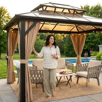 12'X10' Hardtop Gazebo, Aluminum Permanent Pavilion with Polycarbonate Double Roof, Removable Curtains & Mosquito Netting for Patio, Garden, Lawn, Upgrade Your Outdoors (Brown, 12'X10') — Lifestyle