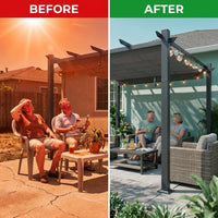 16 Ft. W X 12 Ft. D Aluminum Pergola Outdoor with Dark Gray Retractable Canopy — Before & After