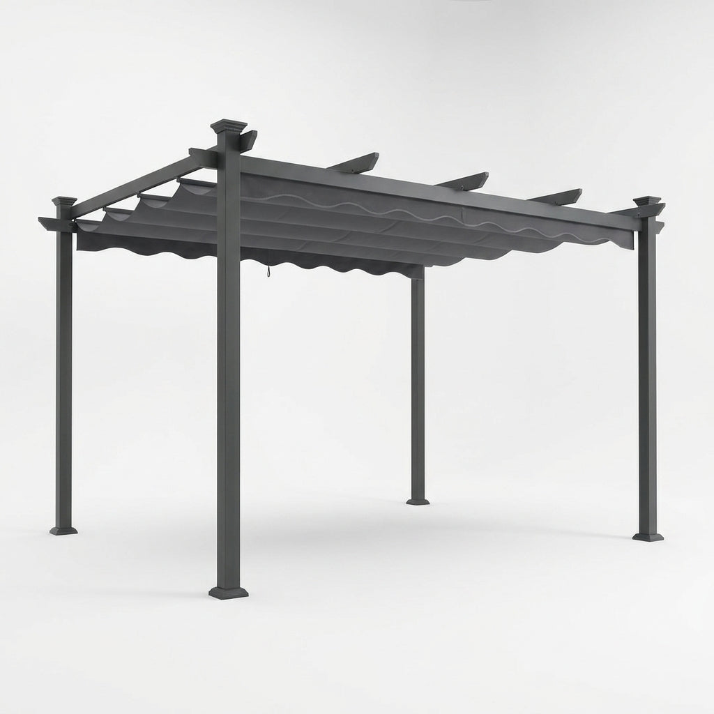 16 Ft. W X 12 Ft. D Aluminum Pergola Outdoor with Dark Gray Retractable Canopy — Studio Shot