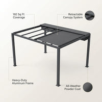 16 Ft. W X 12 Ft. D Aluminum Pergola Outdoor with Dark Gray Retractable Canopy — infographic