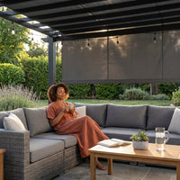 16 Ft. W X 12 Ft. D Aluminum Pergola Outdoor with Dark Gray Retractable Canopy — Lifestyle