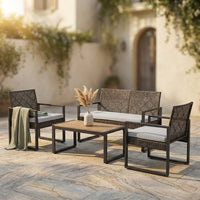4-Piece Wicker Patio Conversation Set with Cushion, Outdoor Patio Furniture Set with Wood Table Top-Grey Cushions — Studio Shot