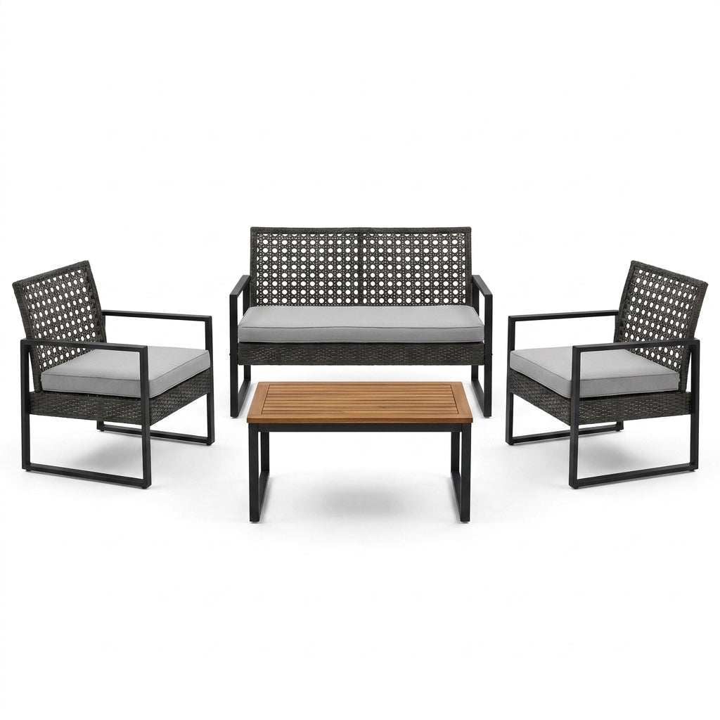 4-Piece Wicker Patio Conversation Set with Cushion, Outdoor Patio Furniture Set with Wood Table Top-Grey Cushions — Studio Shot