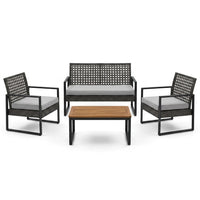 4-Piece Wicker Patio Conversation Set with Cushion, Outdoor Patio Furniture Set with Wood Table Top-Grey Cushions — Studio Shot