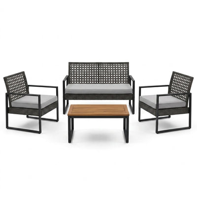 Wicker Patio Conversation Set Built for Outdoor Comfort, 4-Piece with Cushions, Wood Table Top, Iron Frame
