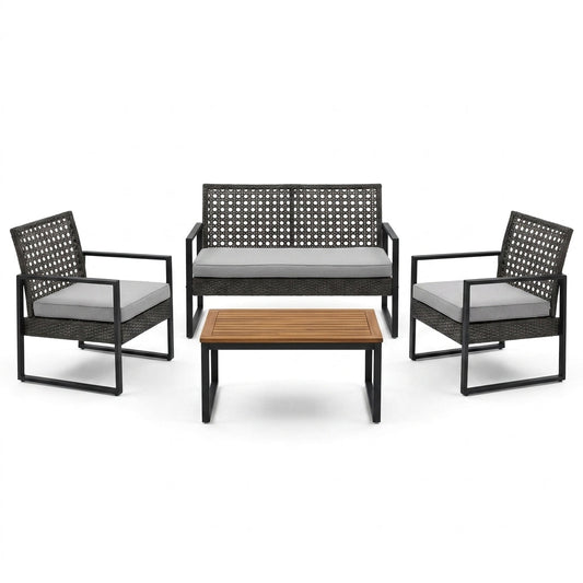 4-Piece Wicker Patio Conversation Set with Cushion, Outdoor Patio Furniture Set with Wood Table Top-Grey Cushions — Studio Shot