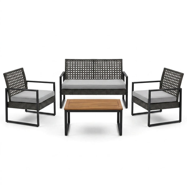 4-Piece Wicker Patio Conversation Set with Cushion, Outdoor Patio Furniture Set with Wood Table Top-Grey Cushions — Studio Shot