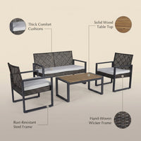 4-Piece Wicker Patio Conversation Set with Cushion, Outdoor Patio Furniture Set with Wood Table Top-Grey Cushions — infographic