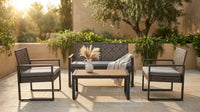 4-Piece Wicker Patio Conversation Set with Cushion, Outdoor Patio Furniture Set with Wood Table Top-Grey Cushions — Lifestyle