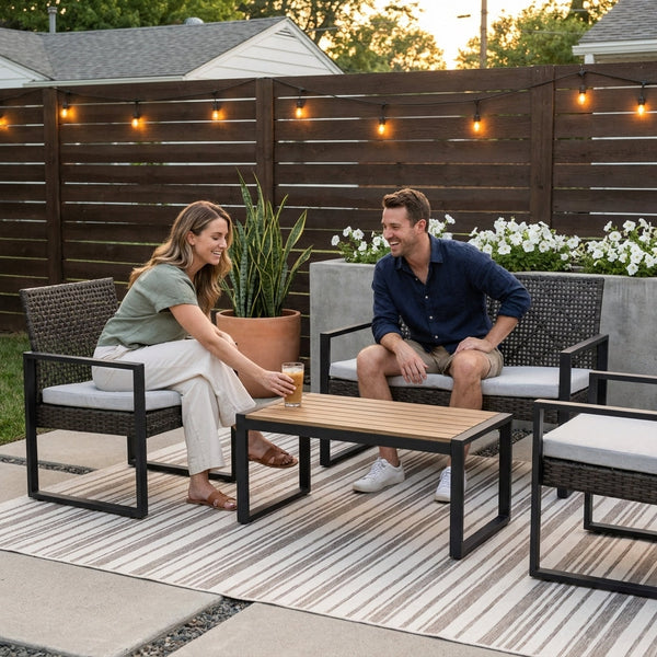 Wicker Patio Conversation Set Built for Outdoor Comfort, 4-Piece with Cushions, Wood Table Top, Iron Frame