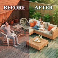 5 Piece Outdoor Patio Furniture Set Modular Outdoor Furniture Set Wicker Outdoor Sectional Sofa with Cushions and Table Patio Set for Balcony Porch Deck Yard ( (Salmon&Orange Wicker, Sand Cushion)) — Before & After