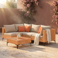 5 Piece Outdoor Patio Furniture Set Modular Outdoor Furniture Set Wicker Outdoor Sectional Sofa with Cushions and Table Patio Set for Balcony Porch Deck Yard ( (Salmon&Orange Wicker, Sand Cushion)) — Studio Shot