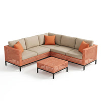 5 Piece Outdoor Patio Furniture Set Modular Outdoor Furniture Set Wicker Outdoor Sectional Sofa with Cushions and Table Patio Set for Balcony Porch Deck Yard ( (Salmon&Orange Wicker, Sand Cushion)) — Studio Shot