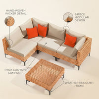 5 Piece Outdoor Patio Furniture Set Modular Outdoor Furniture Set Wicker Outdoor Sectional Sofa with Cushions and Table Patio Set for Balcony Porch Deck Yard ( (Salmon&Orange Wicker, Sand Cushion)) — infographic