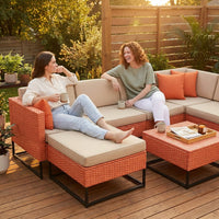 5 Piece Outdoor Patio Furniture Set Modular Outdoor Furniture Set Wicker Outdoor Sectional Sofa with Cushions and Table Patio Set for Balcony Porch Deck Yard ( (Salmon&Orange Wicker, Sand Cushion)) — Lifestyle