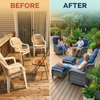 Outdoor Conversation Set Built for All-Weather Use, 6-Piece Steel Frame, High-Density Cushions, Swivel Chairs — Before & After