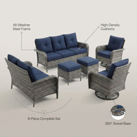 Outdoor Conversation Set Built for All-Weather Use, 6-Piece Steel Frame, High-Density Cushions, Swivel Chairs — infographic