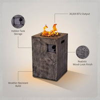 Outdoor Propane Fire Pit, 30000 BTU Column Propane Fire Pit, Wood-Look Surface — infographic