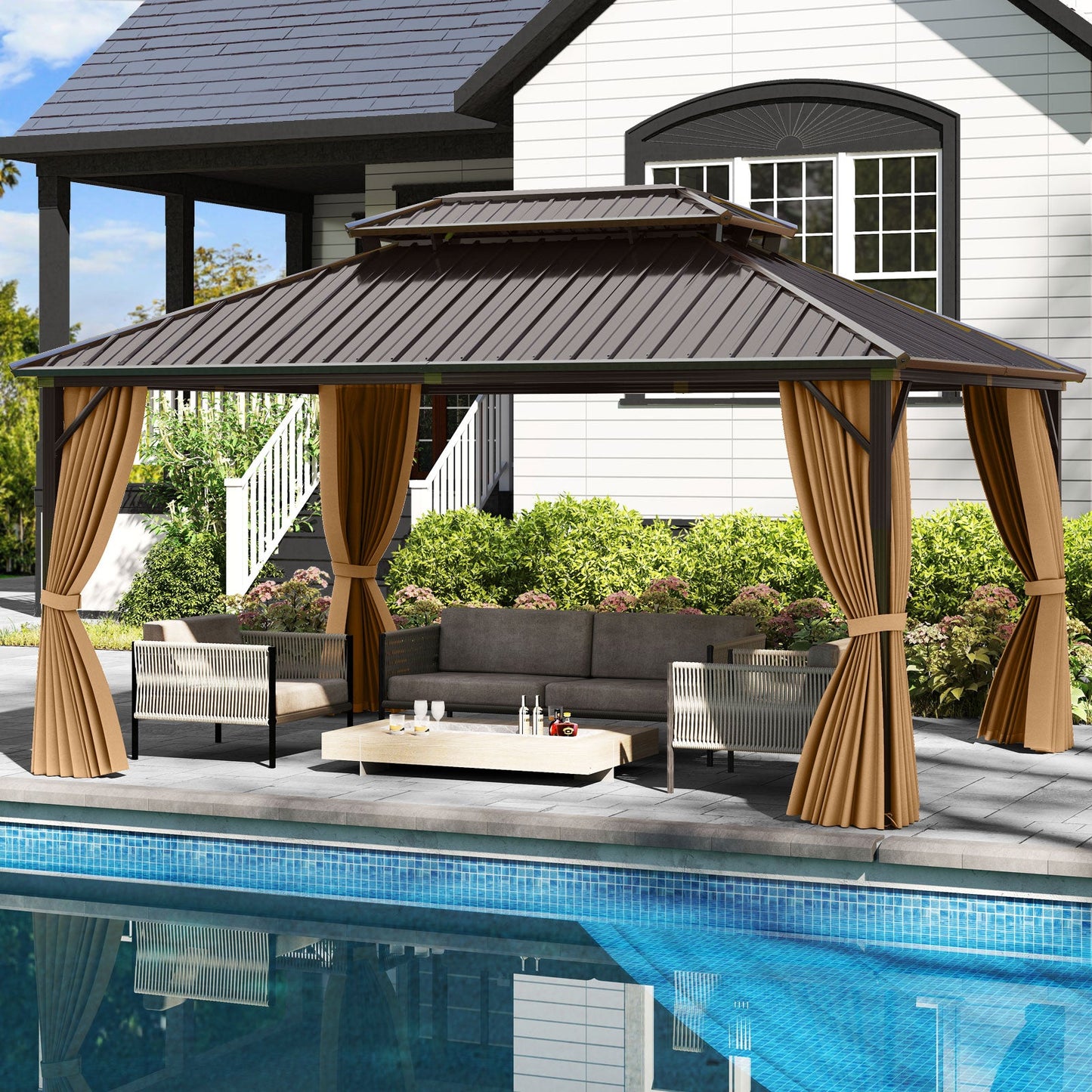 16 x 12 ft Hardtop Gazebo with Aluminum Frame, Curtains & Netting