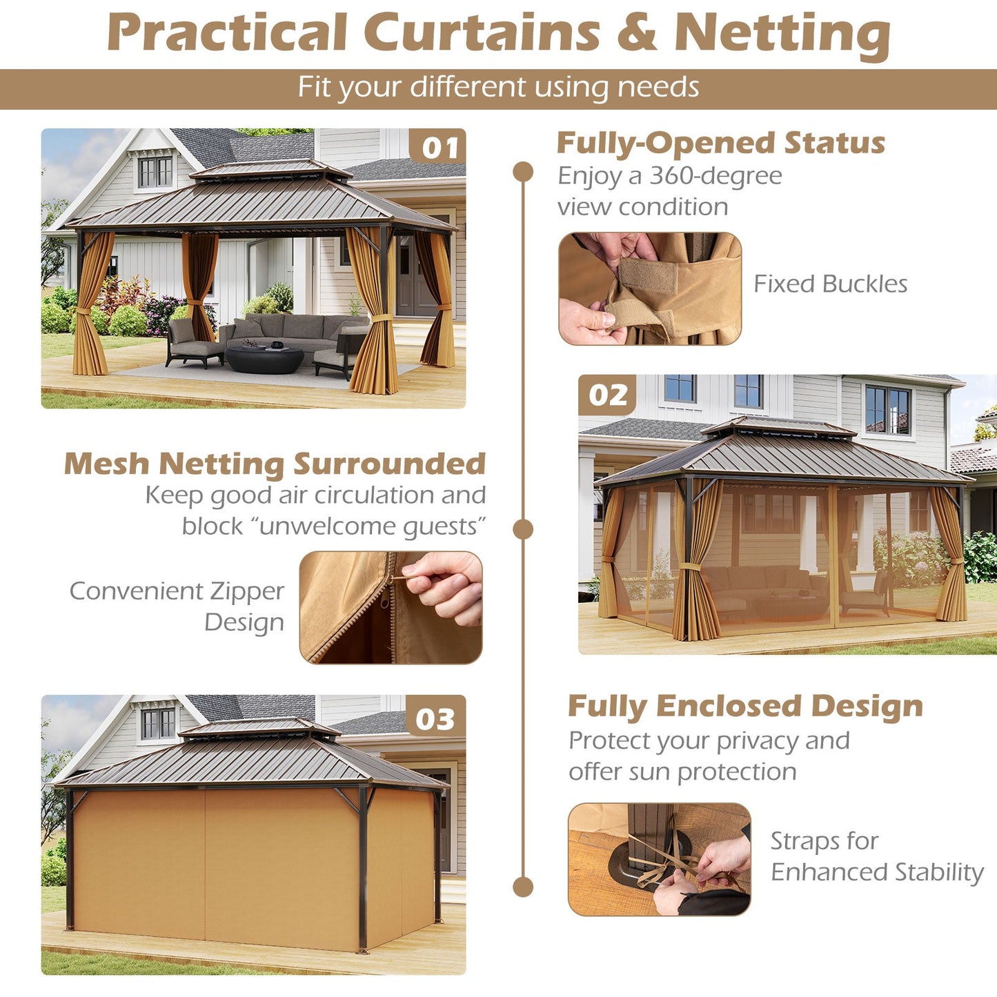 16 x 12 ft Hardtop Gazebo with Aluminum Frame, Curtains & Netting