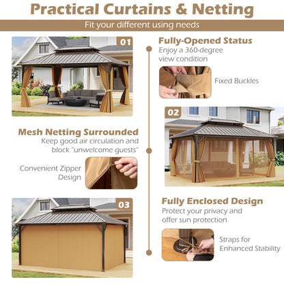 16 x 12 ft Hardtop Gazebo with Aluminum Frame, Curtains & Netting